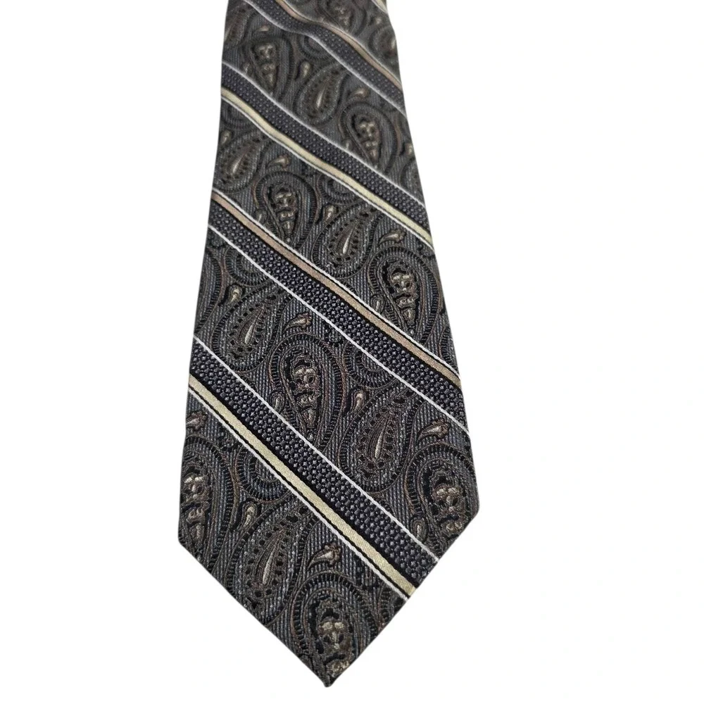 Pronto Uomo Platinum Paisley Silk Tie Mens Woven Striped Pattern Gray‎ Gold